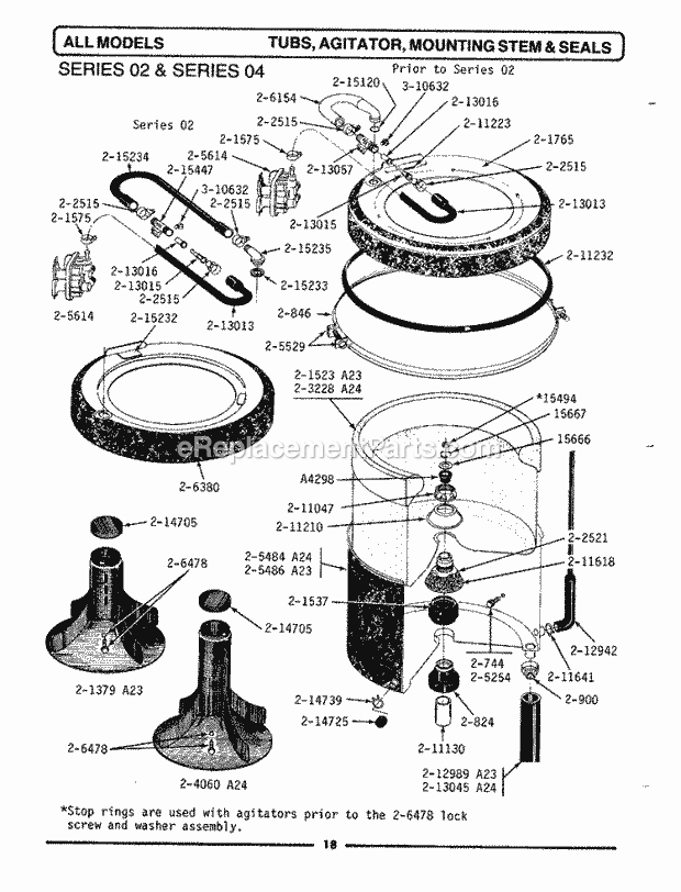 Maytag A23CT Manual, (Washer) Tub, Agitator, Mounting Stem & Seal Diagram