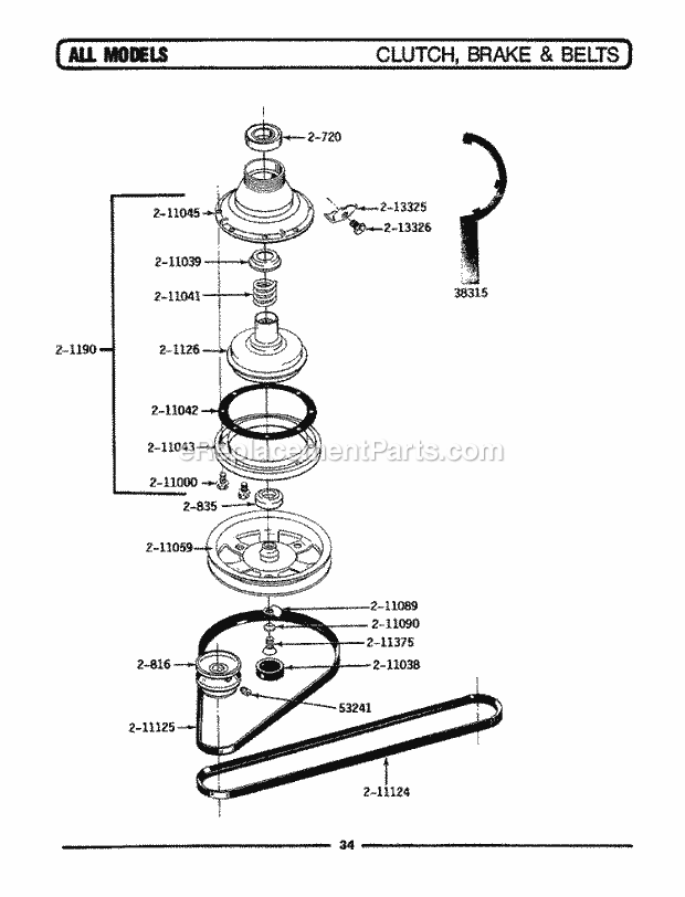 Maytag A412 Washer-Top Loading Clutch, Brake & Belts Diagram