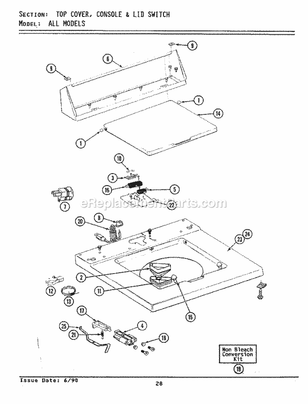 Maytag A5000 Washer-Top Loading Top Cover, Console & Lid Switch Diagram