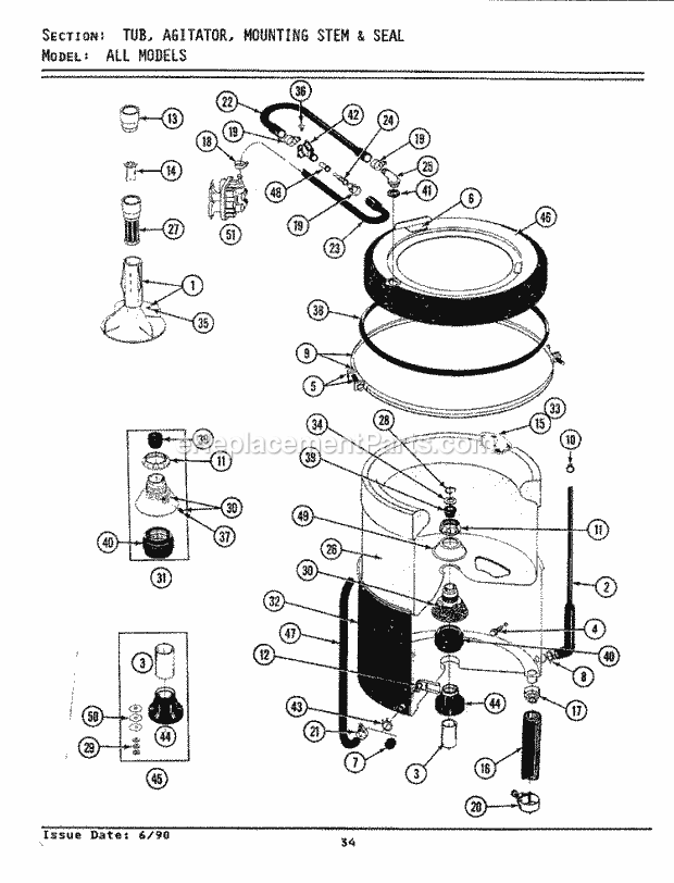 Maytag A5000 Washer-Top Loading Tub, Agitator, Mounting Stem & Seal Diagram