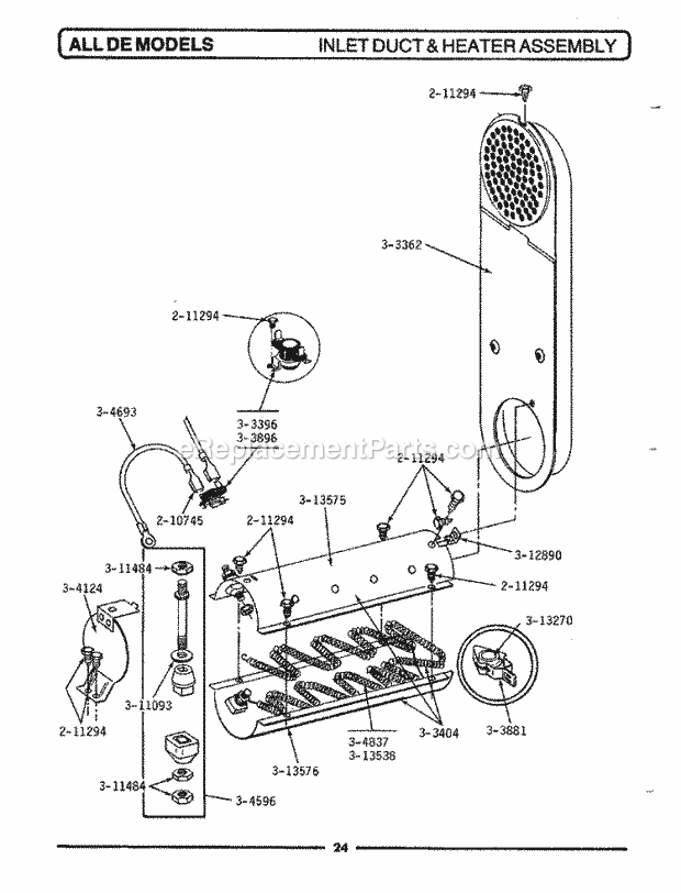 Maytag DE107 Dryer- Ele Inlet Duct & Heater Assembly Diagram