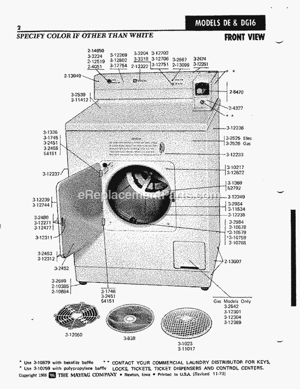 Maytag DE16CA Dryer- Ele Front View Diagram