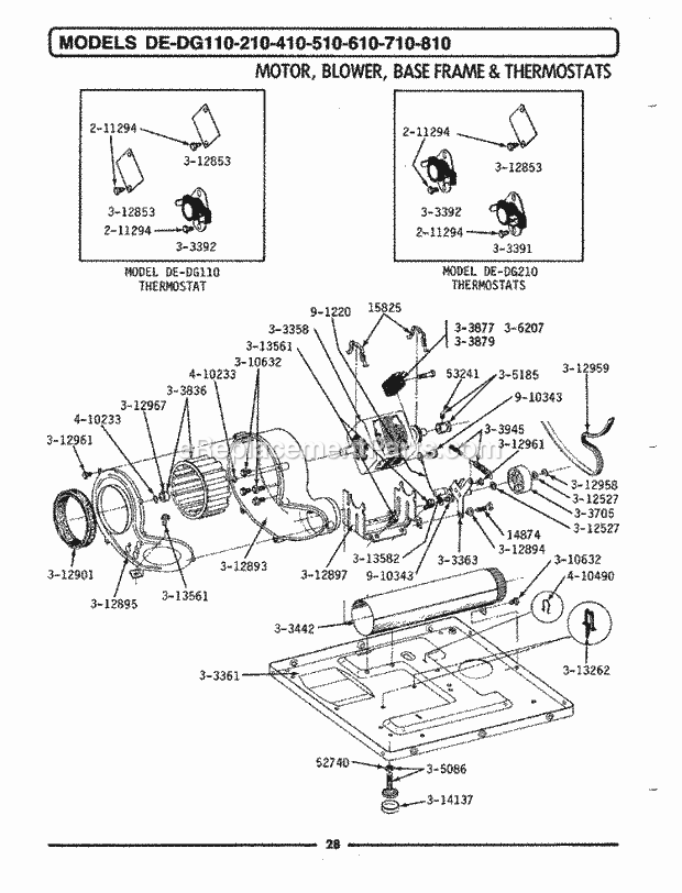 Maytag DE810 Residential Maytag Laundry Motor, Blower, Base Frame & Thermostats Diagram