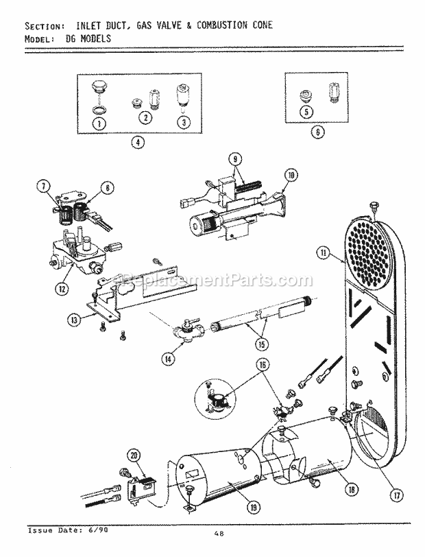Maytag DG4910 Residential Maytag Laundry Inlet Duct, Gas Valve & Combustion Cone Diagram