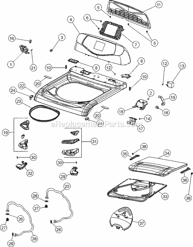 Maytag FAV9800AWQ Residential Washer Control Panel, Top & Lid Diagram