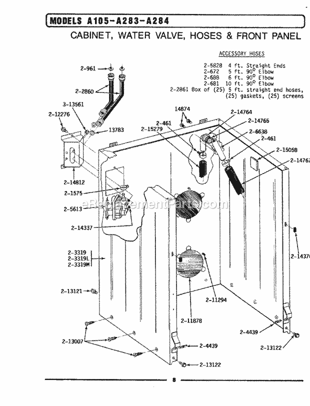 Maytag LA105 Washer-Top Loading Cabinet, Water Valve, Hoses & Frnt Panel Diagram