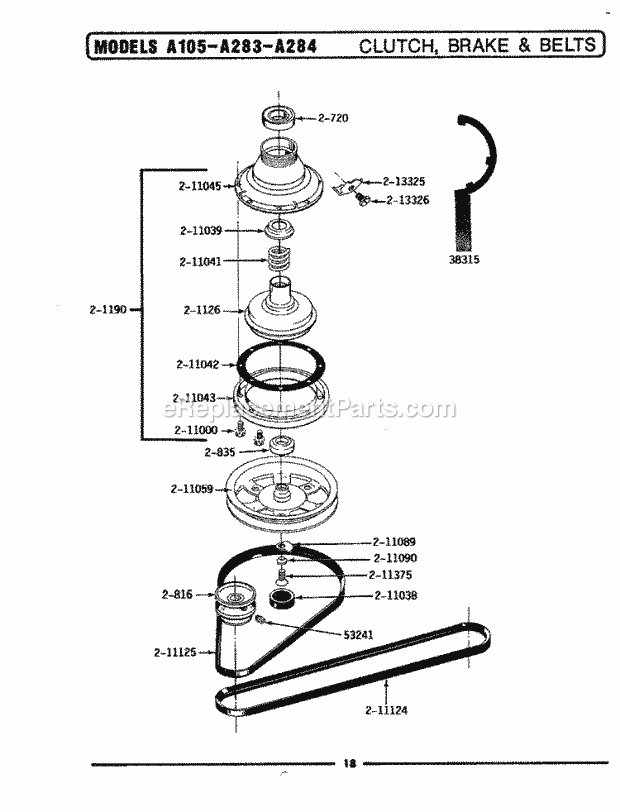 Maytag LA105 Washer-Top Loading Clutch, Brake & Belts Diagram