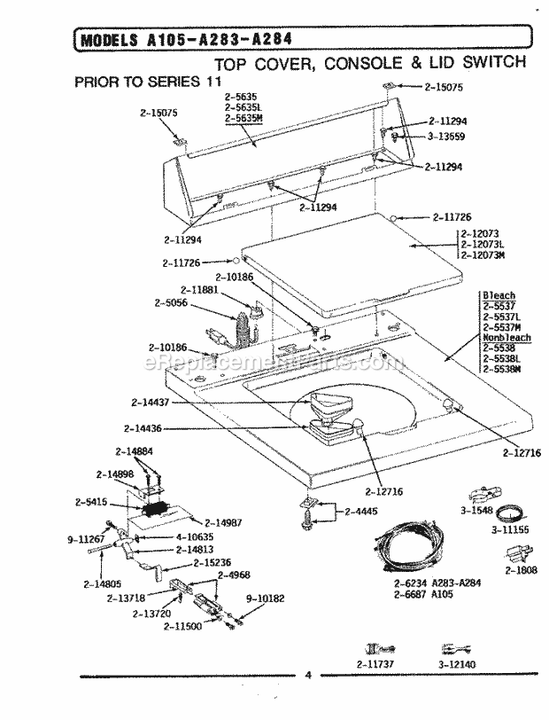 Maytag LA105 Washer-Top Loading Top Cover, Console & Lid Switch Diagram