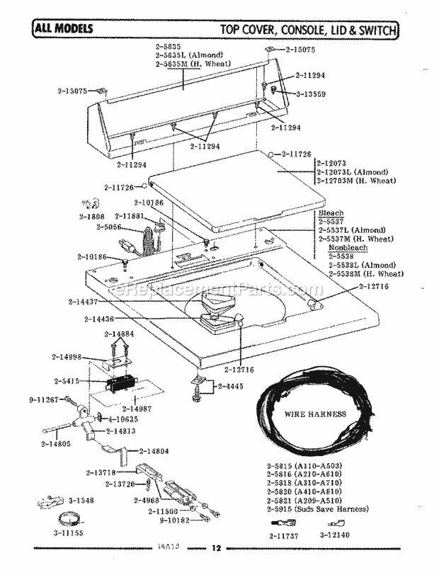 Maytag LA110 Washer-Top Loading Top Cover, Console & Lid Switch Diagram