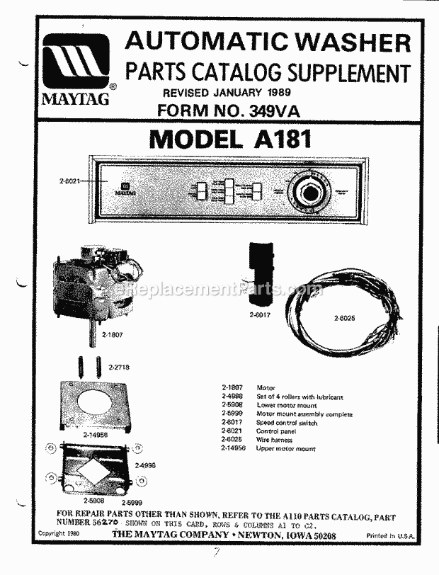 Maytag LA181 Washer-Top Loading Parts Catalog Supplement (A181) Diagram