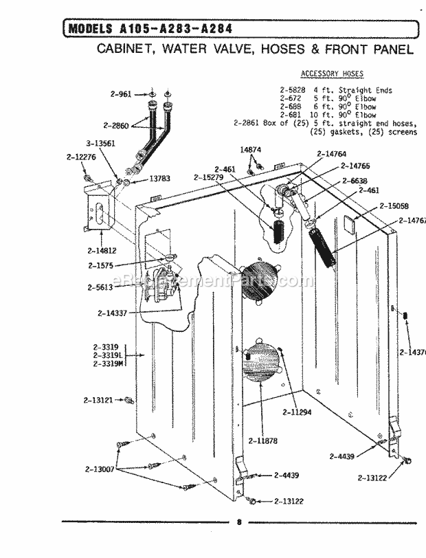 Maytag LA283 Washer-Top Loading Cabinet, Water Valve, Hoses & Frnt Panel Diagram