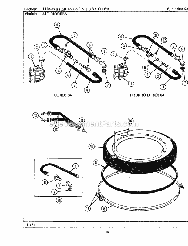 Maytag LA884 Washer-Top Loading Tub - Water Inlet & Tub Cover Diagram