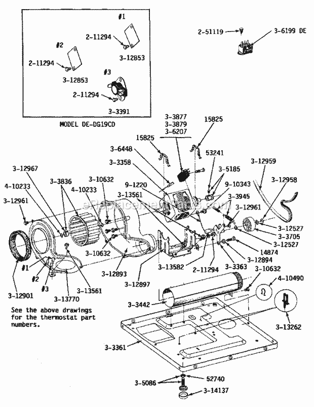 Maytag LDE19CD Maytag Laundry (Dryer Ele) Motor, Blower, Base Frame & Thermostats Diagram