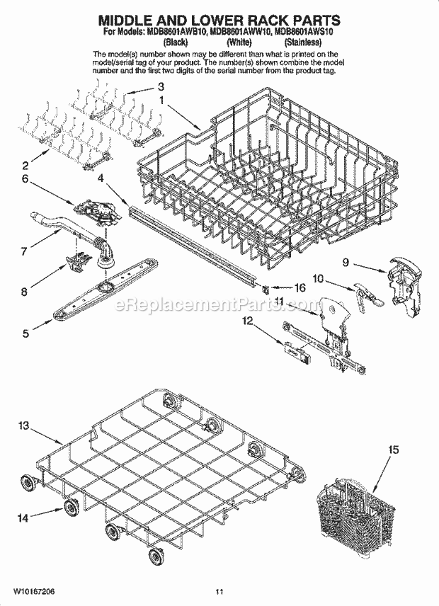 Maytag MDB8601AWS10 Dishwasher Middle and Lower Rack Parts Diagram