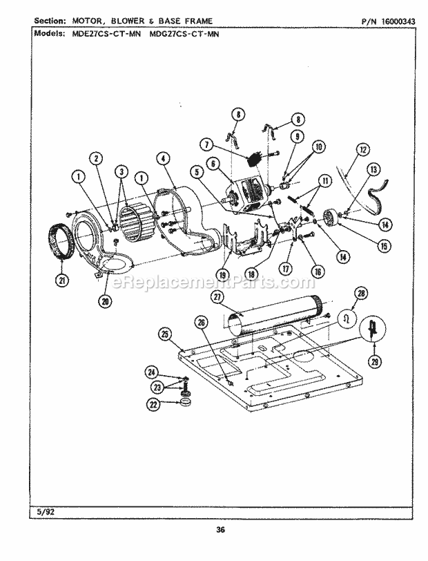 Maytag MDE27MNAGW Manual, (Dryer Ele) Motor, Blower & Base Frame Diagram