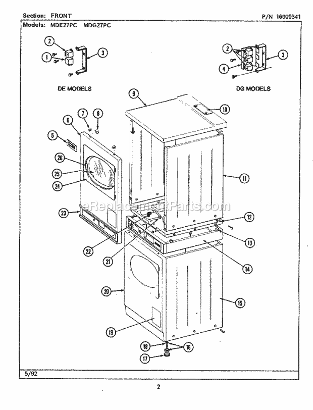 Maytag MDE27PCADW Manual, (Dryer Ele) Front Diagram