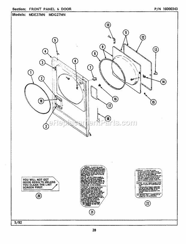 Maytag MDG27MNABW Manual, (Dryer Gas) Front Panel & Door Diagram