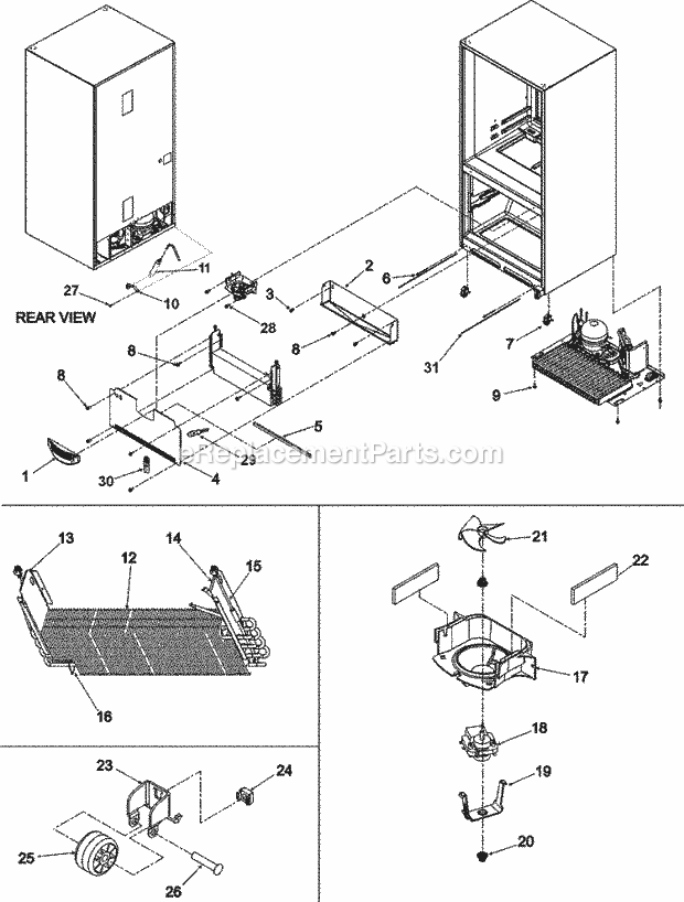 Maytag MFC2061KEQ Bottom Freezer Maytag Refrigeration Evaporator Area & Rollers Diagram