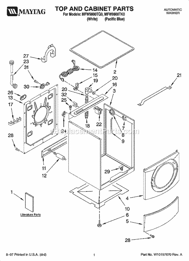 Maytag MFW9800TQ0 Residential Residential Washer Top and Cabinet Parts Diagram