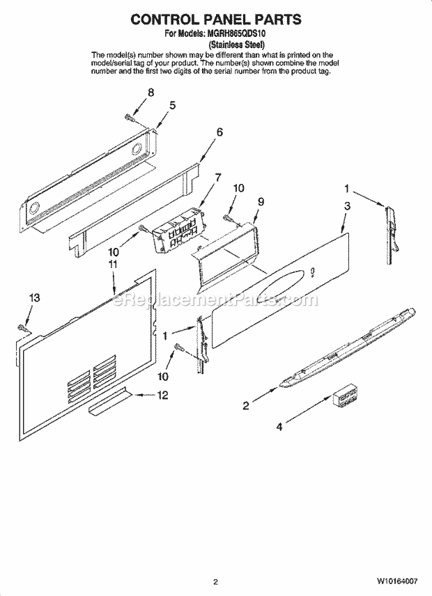 Maytag MGRH865QDS10 Freestanding, Gas Free Standing - Gas Control Panel Parts Diagram