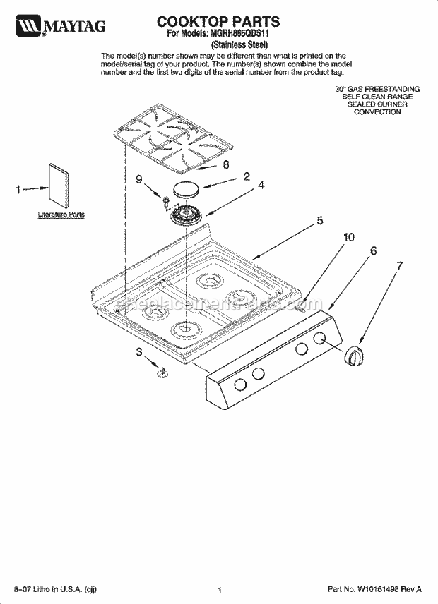 Maytag MGRH865QDS11 Freestanding, Gas Free Standing Gas Cooktop Parts Diagram