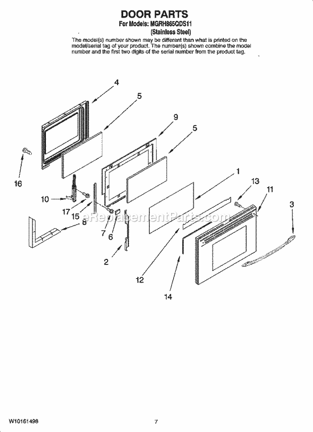 Maytag MGRH865QDS11 Freestanding, Gas Free Standing Gas Door Parts Diagram
