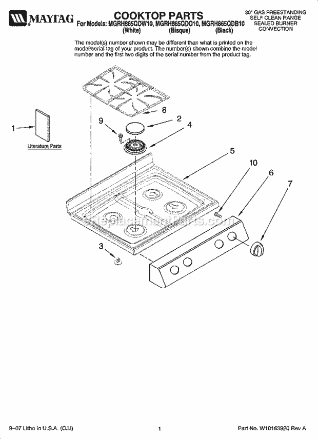 Maytag MGRH865QDW10 Freestanding, Gas Free Standing - Gas Cooktop Parts Diagram