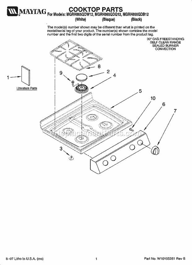 Maytag MGRH865QDW12 Freestanding, Gas Free Standing Gas Cooktop Parts Diagram
