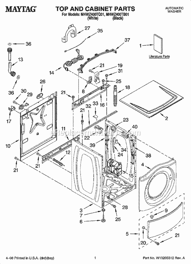 Maytag MHWZ400TQ01 Residential Residential Washer Top and Cabinet Parts Diagram
