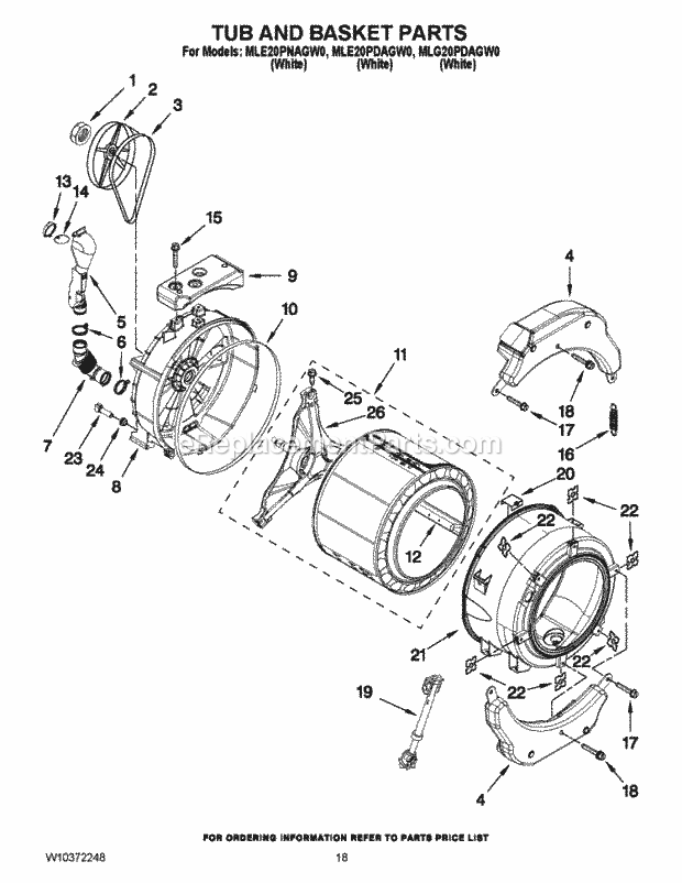 Maytag MLE20PNAGWO Electric, Gas Dryer/Washer Tub and Basket Parts Diagram