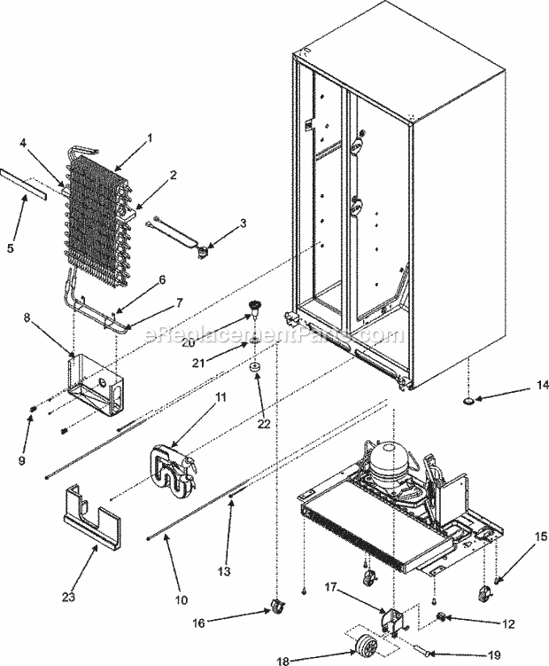 Maytag MSD2357HEQ Side-By-Side Sxs Refrigerator Evaporator Assy. / Rollers / Water Tank Diagram
