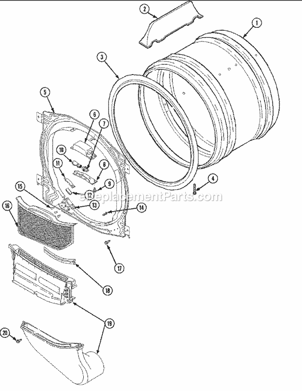 Maytag SDE5701AYQ Residential Maytag Laundry Front Bulkhead, Air Duct & Drum Diagram