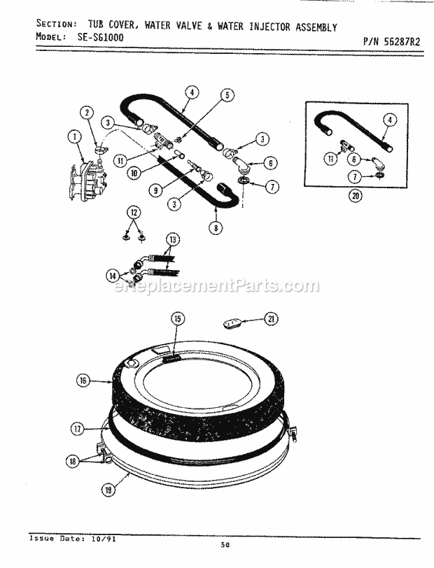 Maytag SE1000 Laundry Center Tub Cover, Water Valve & Water Inj. Assy Diagram
