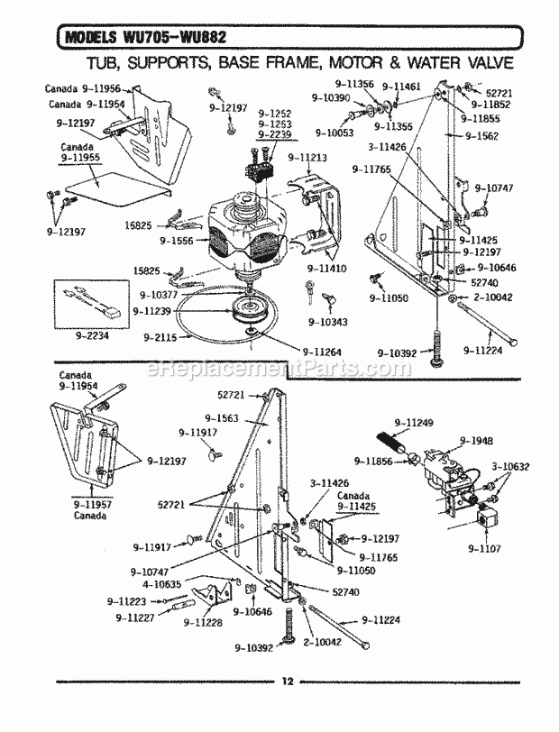 Maytag WU705 Maytag Dishwasher Tub Supports, Base Frame, Motor & Valves Diagram