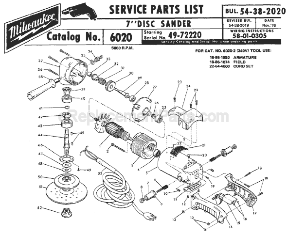 Milwaukee 6020 (SER 49-72220) Sander Page A Diagram