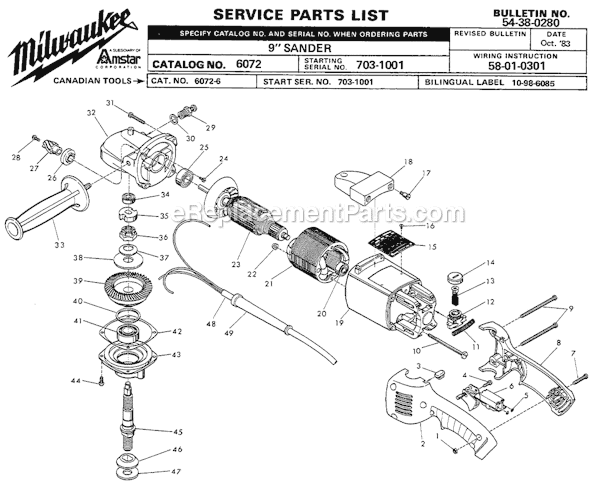 Milwaukee 6072 (SER 703-1001) 2.25 max HP, 7 in./9 in. Sander, 5000 RPM Page A Diagram