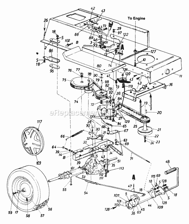 MTD 133O660G013 (1993) Lawn Tractor Pedal_AssemblyWheels_RearDriveFrame_Lower Diagram