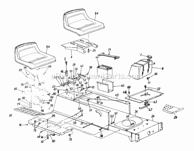 Yard Machines 13A4662F129 (2000) Lawn Tractor Seat Fuel Tank Battery Frame Diagram