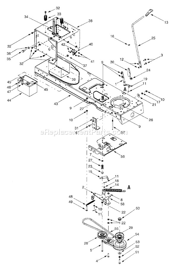 MTD 13AX604G401 (2001) Lawn Tractor Pto Drive, Battery, Frame Diagram