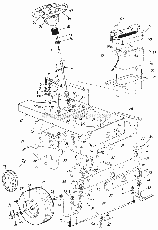 MTD 142-848H130 (1992) Lawn Tractor Steering_Assembly_Lower_Frame_And_Battery Diagram