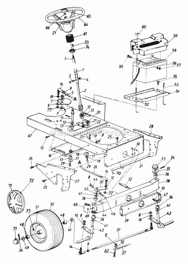 MTD 143P849H000 (1993) Lawn Tractor Steering_AssemblyWheels_FrontAxle_FrontBatteryFrame_Lower Diagram