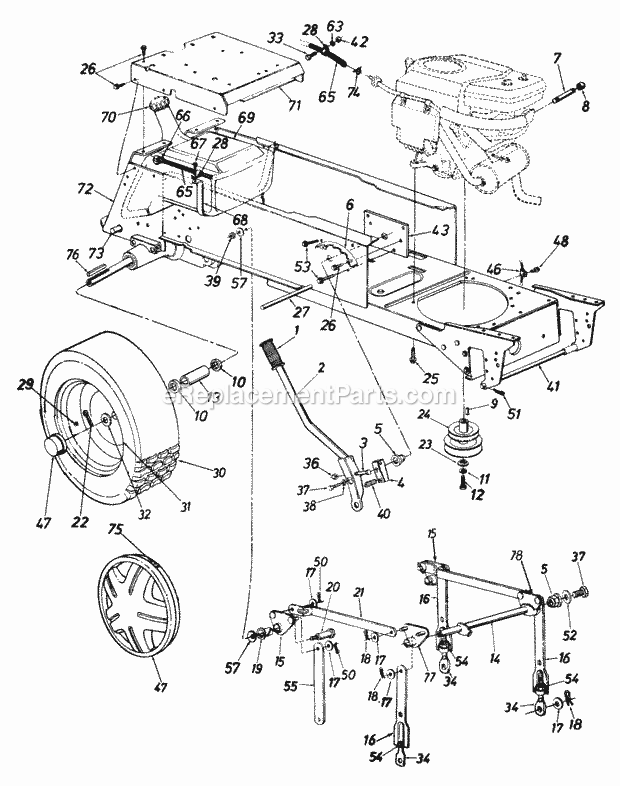 MTD 145P845H000 (1995) Lawn Tractor Wheels_RearLift_And_Hanger_AssemblyMufflerFuel_Tank Diagram