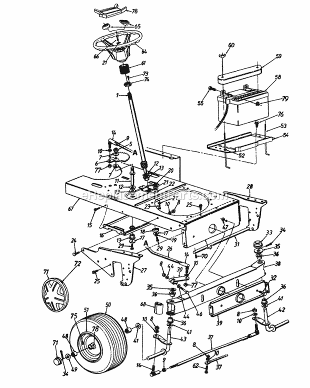 MTD 146S848H336 (1996) Lawn Tractor 4141552 Steering_AssemblyAxle_FrontWheels_FrontBatteryFrame_Lower Diagram