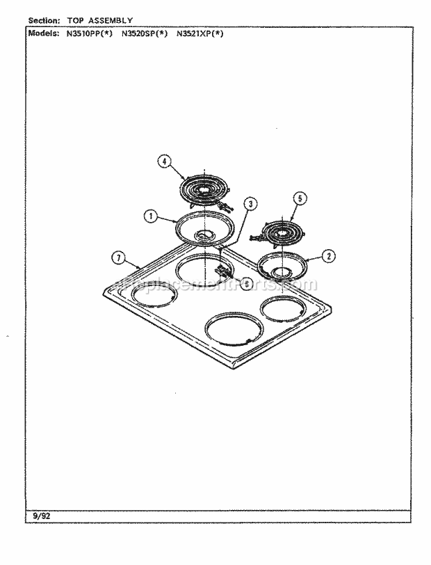 Norge N3521XPA Electric Cooking Top Assembly (N3510ppx, N3520spx) Diagram