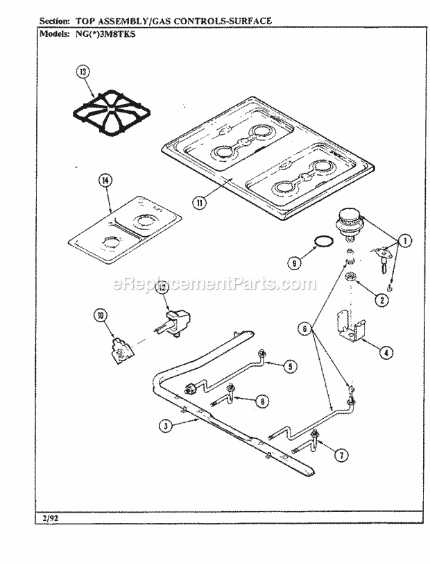 Norge NGA3M8TKS Gas Cooking Top Assembly Diagram