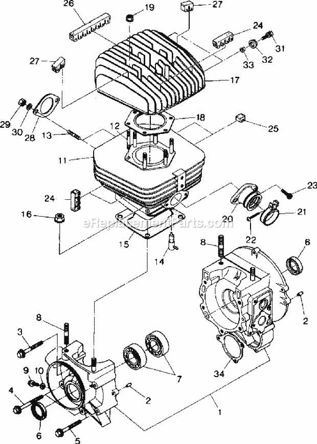 Polaris W888528 (1988) Trail Boss 250 R/Es Crankcase Andcylinder Assembly Diagram