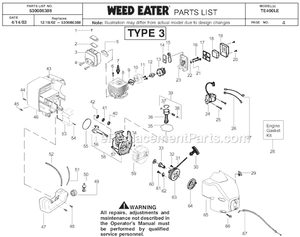 Weed Eater TE400LE Type 2 Gas Trimmer Page D Diagram