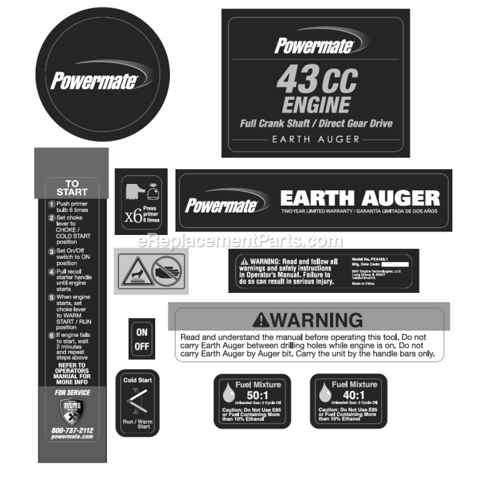 Powermate PEA4381 43cc Earth Auger Powerhead With 8 In. Bit Edger Unit Decal Sheet Diagram
