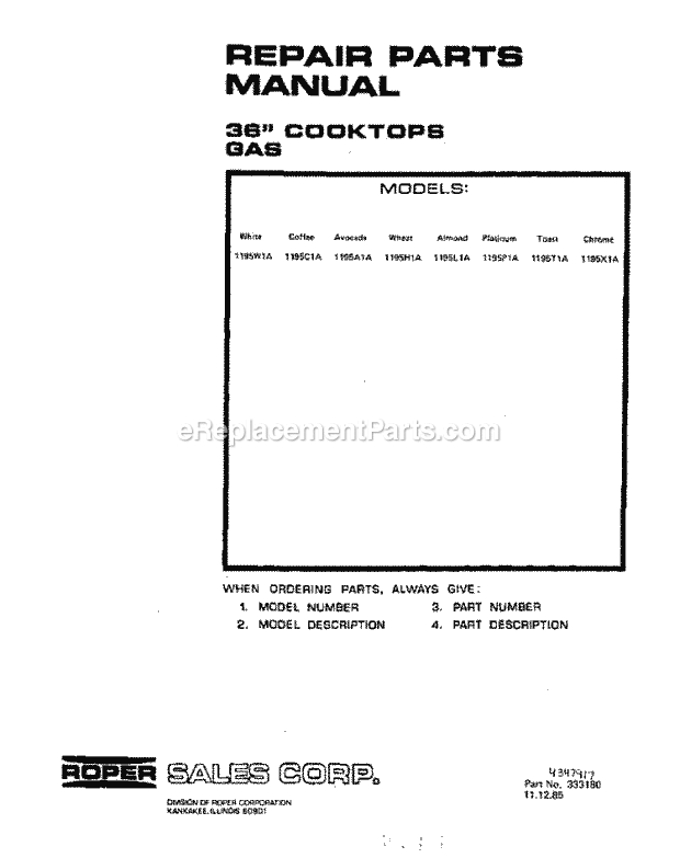 Roper 1195W1A Gas Gas Cooktop Page D Diagram