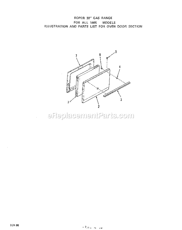 Roper 1405W0A Freestanding, Gas Gas Range Oven Door Diagram